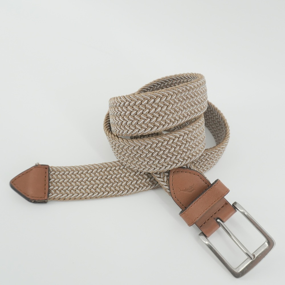 Tommy Bahama Braided Belt Mens 34-36 Tan Woven Leather Trim Stretch